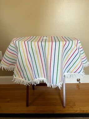 Vintage Striped Fringe Round Outdoor Tablecloth - White with Rainbow Stripes